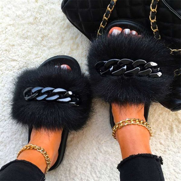 

furry slippers fluffy flip flop summer faux sandals designer chain plush raccoon slides beach home flat shoes 210928, Black