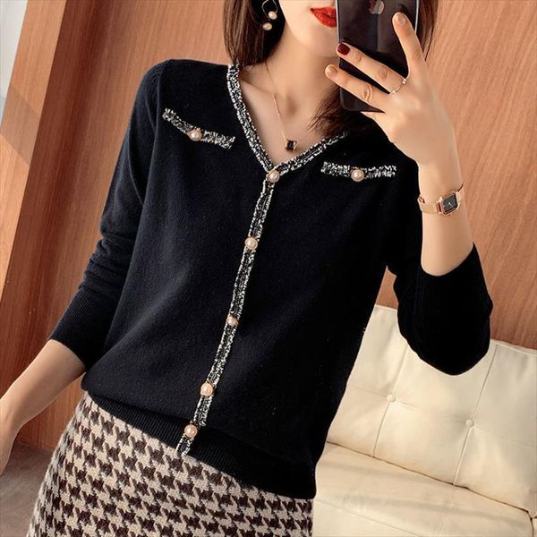 

women spring autumn style womens sweater knitted pullover lady casual long sleeve v neck pearl button zz1086, White;black