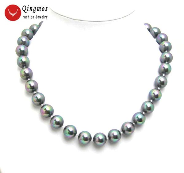 

qingmos champagne sea shell pearl necklace for women with 14mm high luster round 17" chokers jewelry 5162, Golden;silver