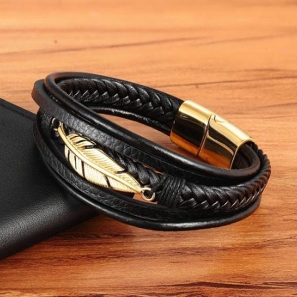 

charm bracelets fashion punk stainless steel feather accessories multilayer leather bracelet glamour men's rock prom jewelry, Golden;silver