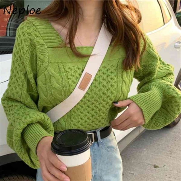 

fashion square collar women sweater vintage loose twist patchwork knitted coat autumn sweet warm pullovers 210422, White;black