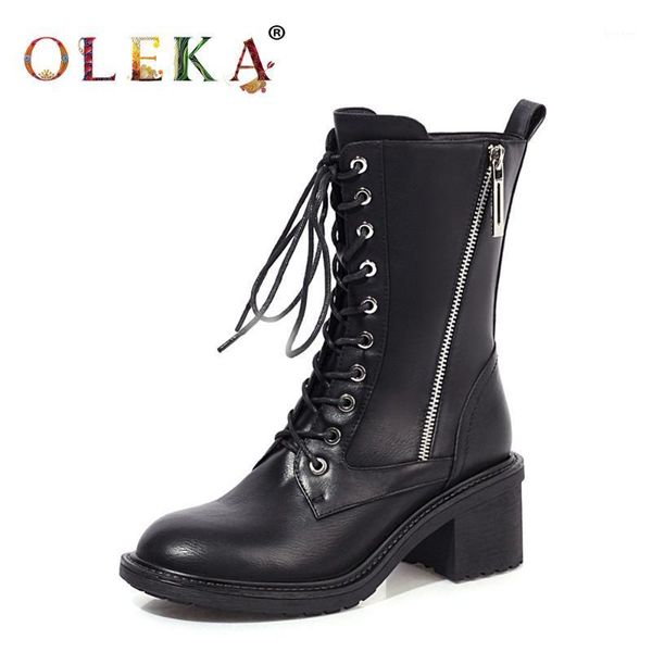 

boots oleka mid-calf winter women square heel metal decoration round toe womens punk style basic warm short plush1, Black