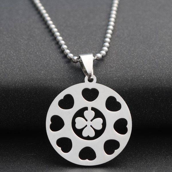 

pendant necklaces 10 stainless steel lucky love heart four-leaf clover petal flower grass plant amulet round multiple lovers necklace jewelr, Silver