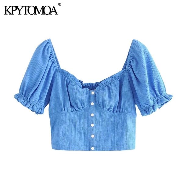 

kpytomoa women sweet fashion decorative buttons cropped blouses vintage v neck puff sleeve female shirts blusas chic 210317, White