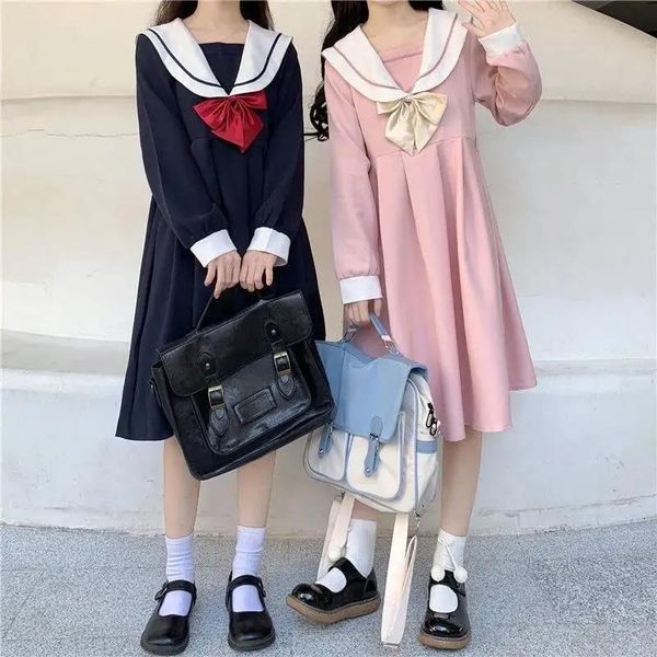 

casual dresses harajuku sailor collar navy dress japanese lolita sweet bow-knot girl retro cotton kawaii preppy style long sleeve women, Black;gray