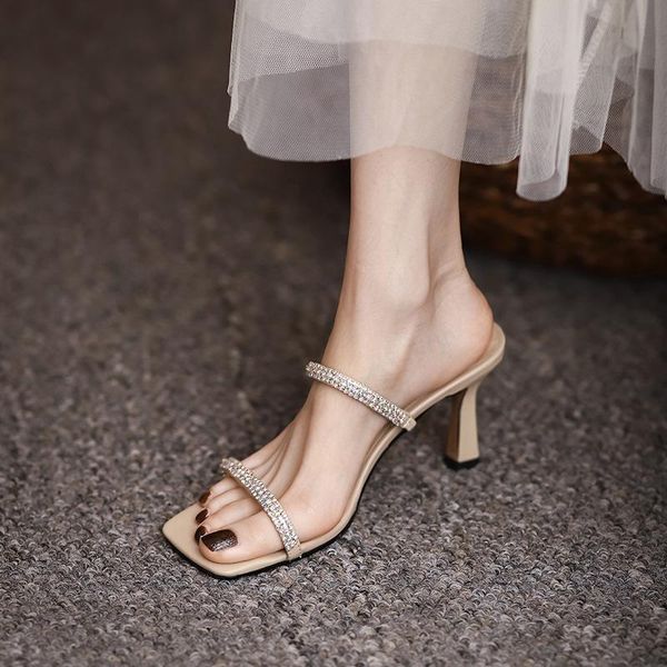 

dress shoes 2021 female sandals summer slippers fashion ladies thin heels square opentoe slides party for women, Black