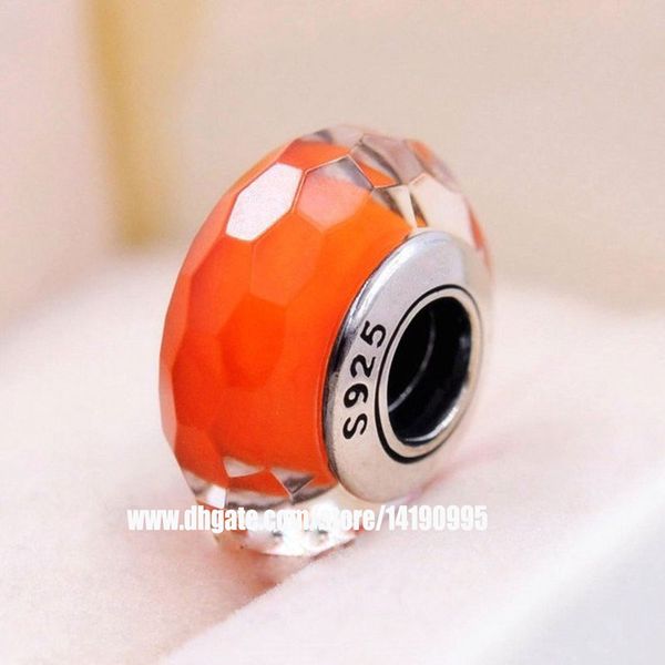2pcs S925 Sterling Silver Threaded Orange Faceted Murano Glass Beads Fit Pandora Style Charm Jewelry Bracelets & Necklaces