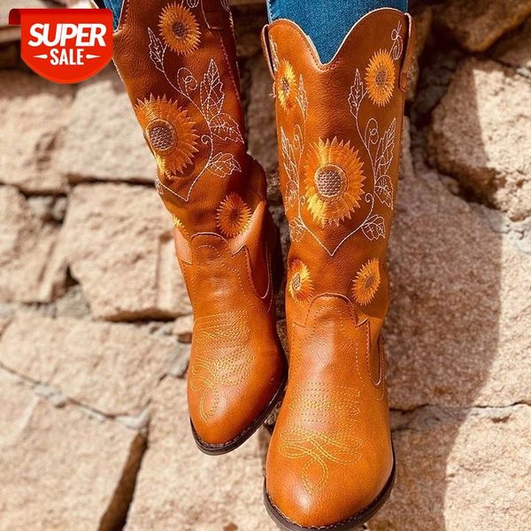 

2020 Classic Embroidered Western Pu Leather Boots for Women Leather Cowgirl Boots Low Heels Shoes Knee High Woman #7Y2P