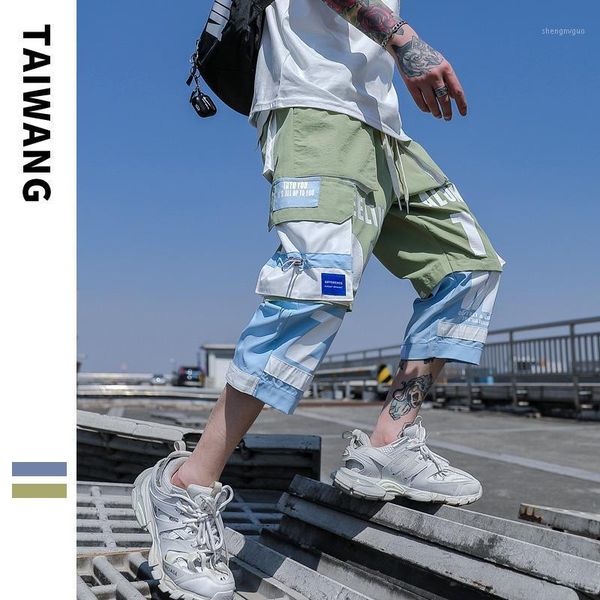

summer men's cargo pants 2021 loose hip hop trousers male side pockets casual streetwear elastic waist man jogger sweatpants, Black