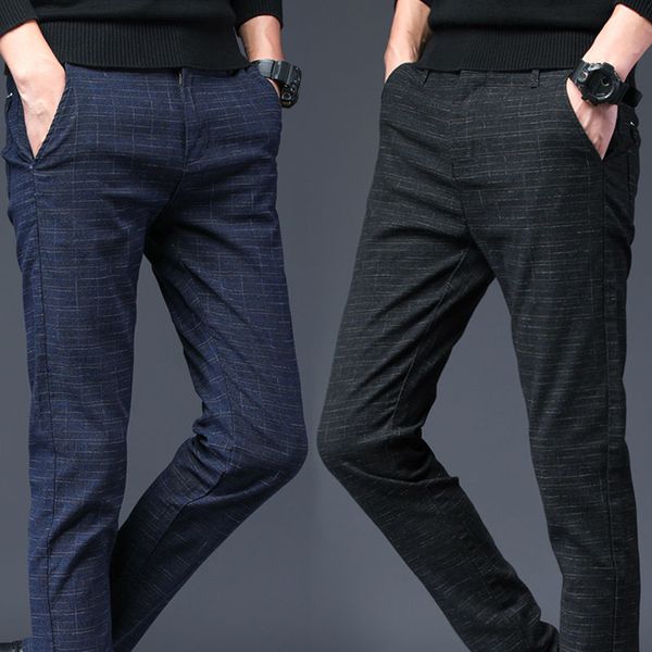 

men's pants plaid mens casual straight youth trousers spring fashion male dress suit black blue man leisure t03u