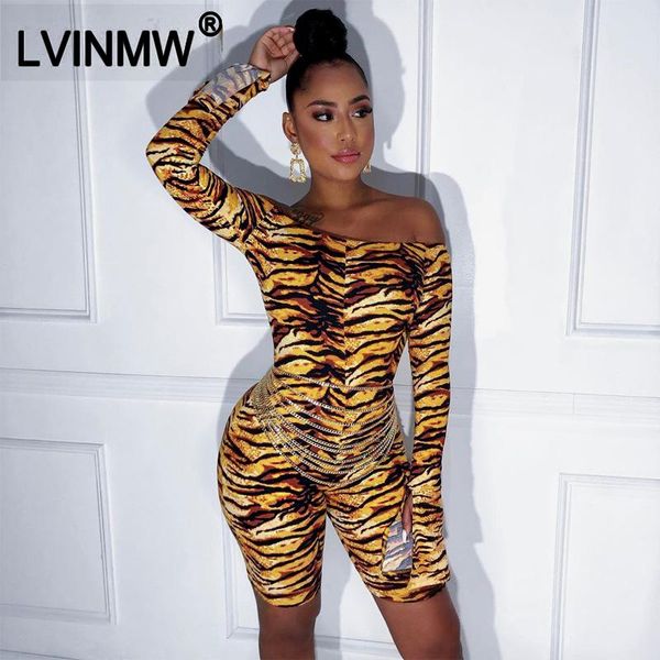 

women's jumpsuits & rompers lvinmw tiger print slash neck flare sleeve split bodycon playsuit 2021 winter women off shoulder backless p, Black;white