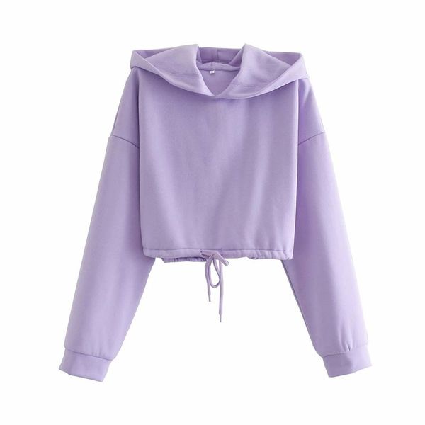 

fancy purple long sleeve drawstring hem loose fit crop hoodie for girls, White