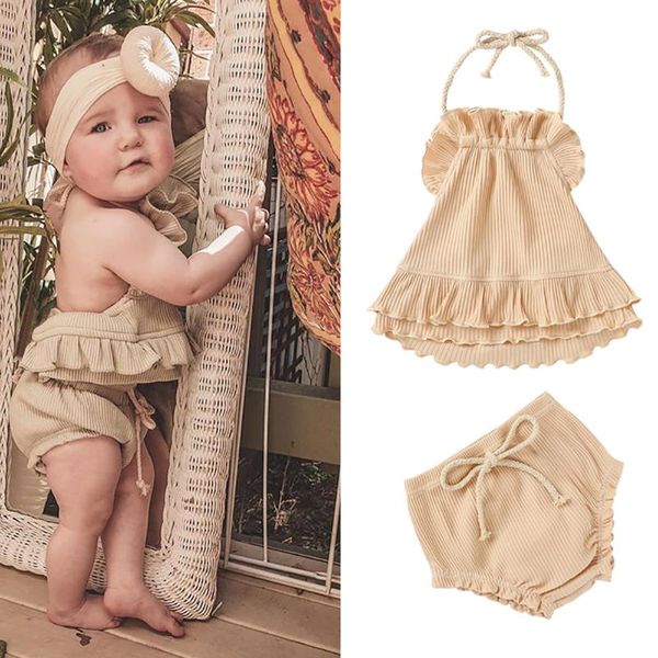 

baby & children's 3pcs toddler girl cute solid color halter + ruffled shorts bow headband summer outfits clothing sets, White