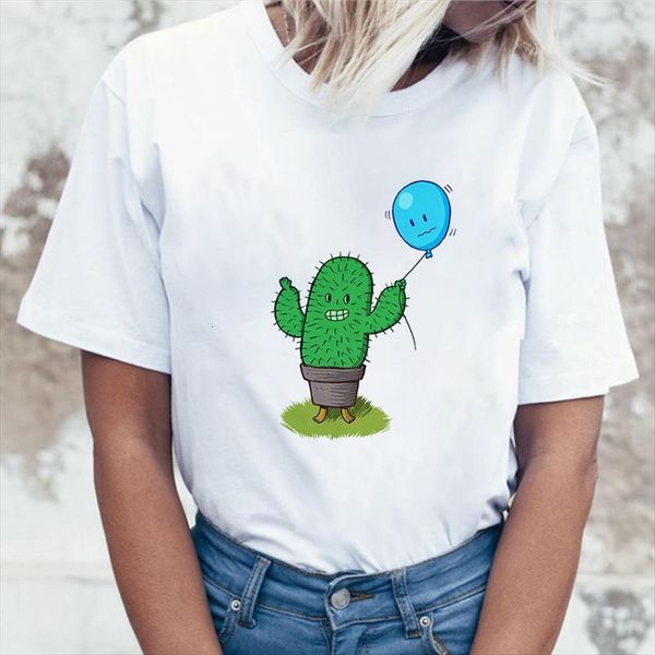 

cactus balloon print graphic womens streetwear short sleeve summer clothing tees female, White