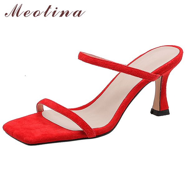 Mulheres Sapatos Criança Camurça Alto Salto Eslavaqueiros Quadrado Toe Stiletto Saltos Senhoras Slides Sandálias Causal Verão Vermelho Feminino Vermelho 210517