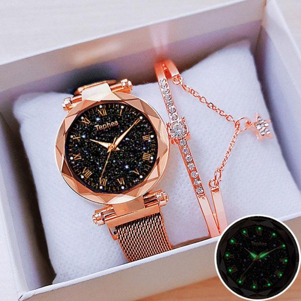 

wristwatches women watch set with bracelet box ladies 2021 wrist watches starry sky magnetic luminous waterproof female for, Slivery;brown