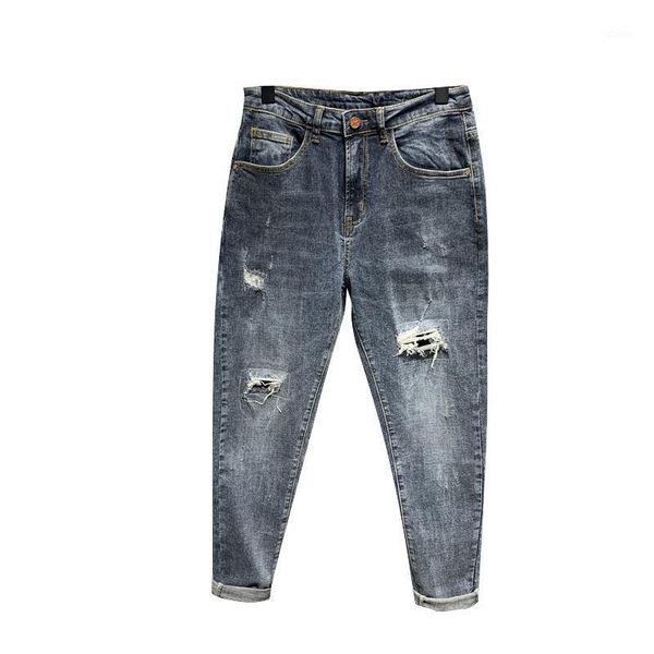 

summer 2021 style ripped patch student casual jeans men's fashion slim personality beggar teenager ankle length denim, Blue