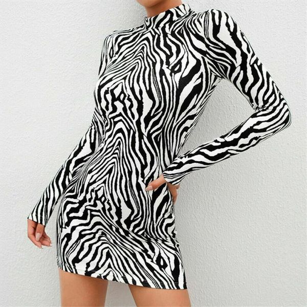 

zebra stripe long sleeve womens dresses high neck stretch bodycon party slim mini dress, Black;gray