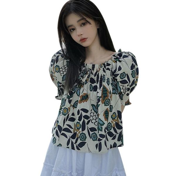 

women's blouses & shirts womens design small square collar shirt floral summer short sleeve bubble, White