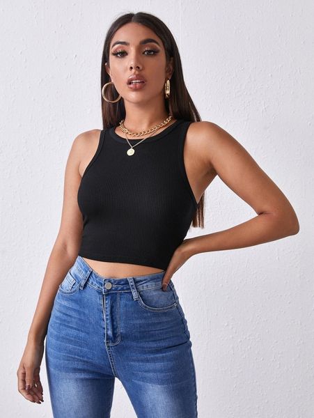 

solid rib-knit crop tank i6zx#, White
