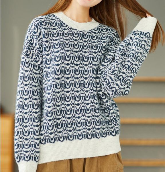 

women's sweaters women sweater 2021 autumn winter retro loose knitting ladies o-neck jacquard casual all-match, White;black