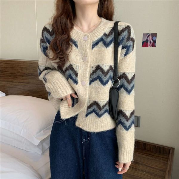

short striped sweater coat loose outer contrast knit cardigan, White;black