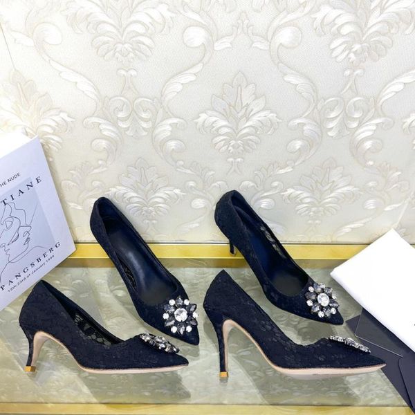 

dress shoes women's pumps genuine leather pointed toes high heels crystal lace thin for woman 34-43, Black