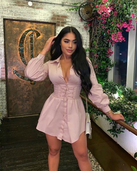 

casual dresses summer long sleeve shirt dress with corset belt women vintage pink fashion party mini trendy, Black;gray