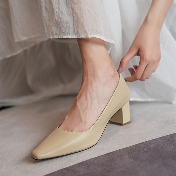 

dress shoes pxelena charming women genuine leather square med heels shallow pumps 2021 autumn spring slip on office lady daily, Black