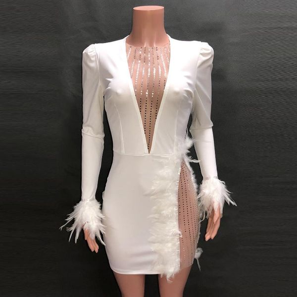 

casual dresses feather decoration mesh patchwork sheer slim bodycon dress vintage sexy, Black;gray