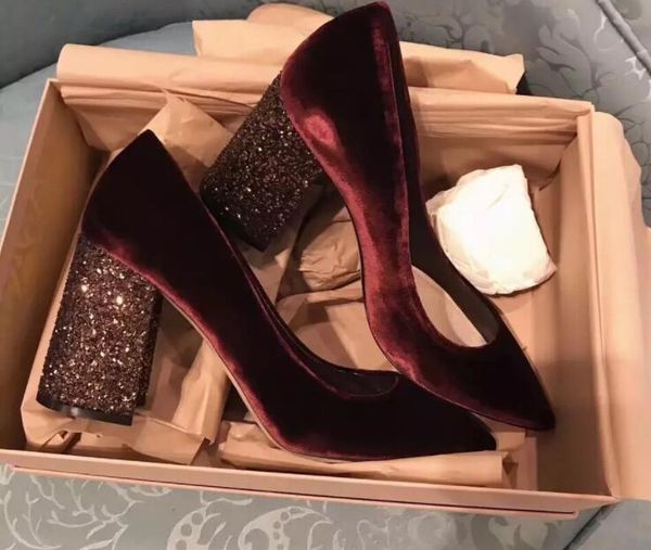 

autumn winter fashion shoes 2021 women wine red sequins chunky heels pointed toe velvet wedding bride party wear dress, Black
