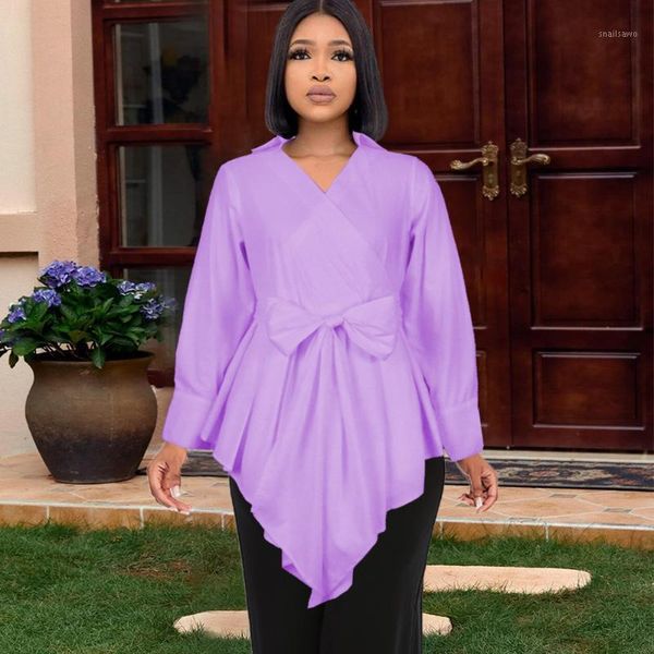 

women's blouses & shirts high street est 2021 fashion blouse elegant v-neck long sleeved tie-band big bow loose shirt, White
