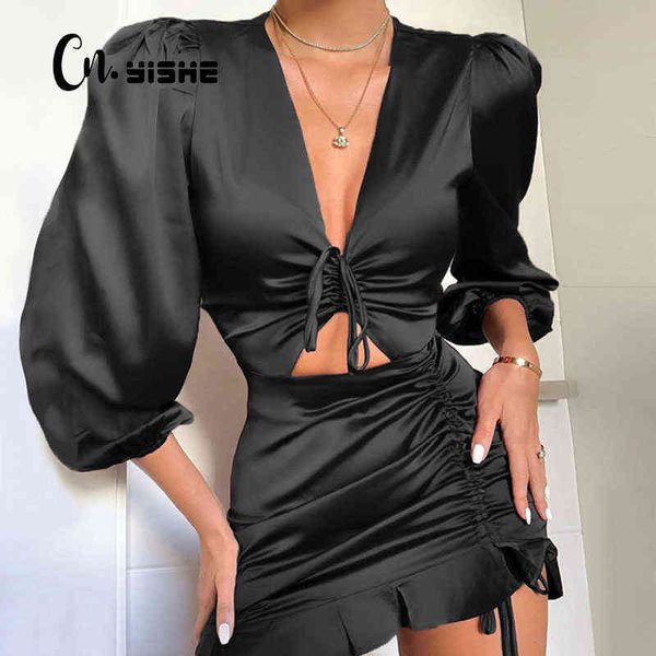 

cnyishe deep v-neck party dress women satin lace up ruffles holow out ruched dress female vestido elegant slim mini dresses g1223, Black;gray