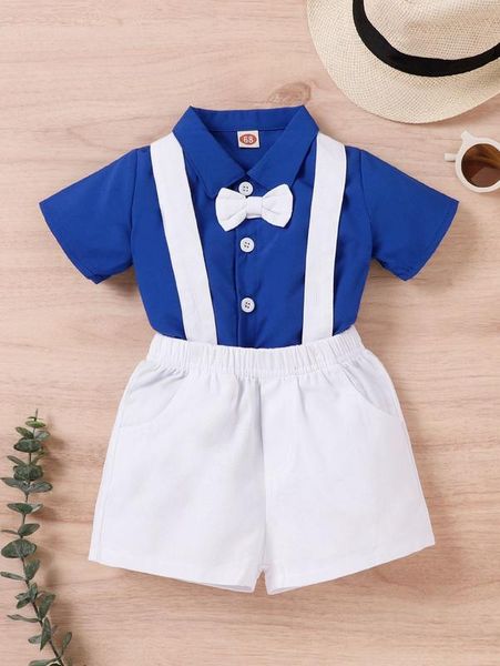 

baby solid bow front shirt & criss cross pinafore shorts she, White