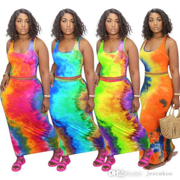 Kadınlar Uzun Maxi Elbiseler Kravat Boya Tasarımcısı Baskılı Kolsuz Takım Iki Parçalı Set Kulübü Mini Kalem Etek Artı Boyutu Rahat Giyim