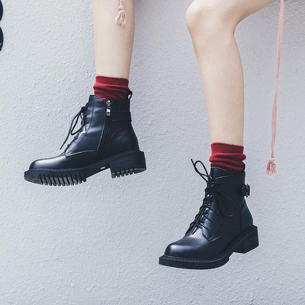 

boots autumn women genuine leather motorcycle black ankle buckle ladies fashion casual shoes