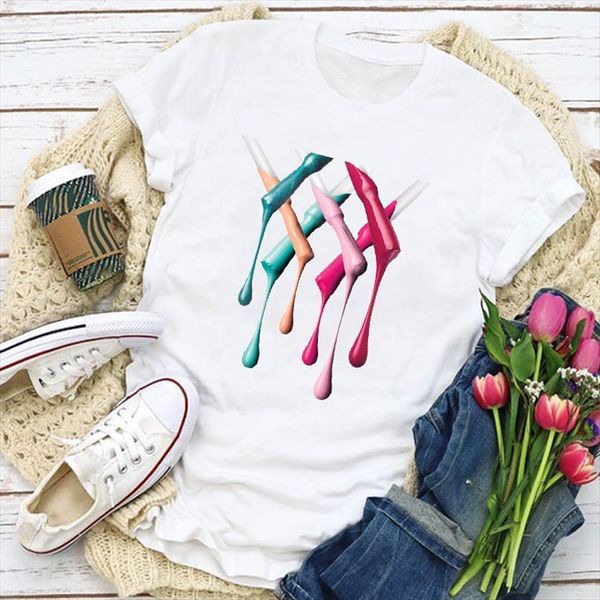 

graphic 90s beatuy make women up printed 3d finger nail summer t shirt womens clothing lady tee female, White