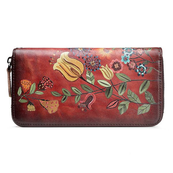 

flying bird women genuine leather purse long flower clutch zipper handy wristlet bag phone wallets, Red;black