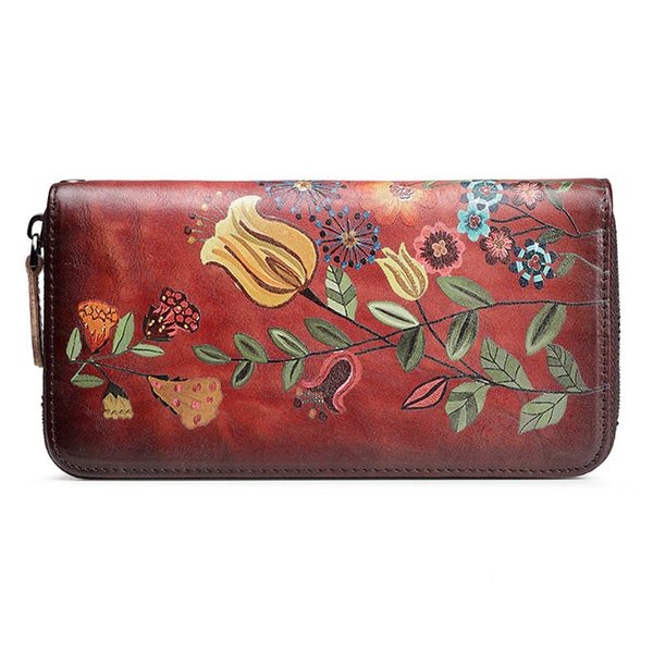 Flying Pássaro Mulheres Genuíno Couro Bolsa Longa Flor Embreagem Zipper Handy Wristlet Bag Wallets Telefone