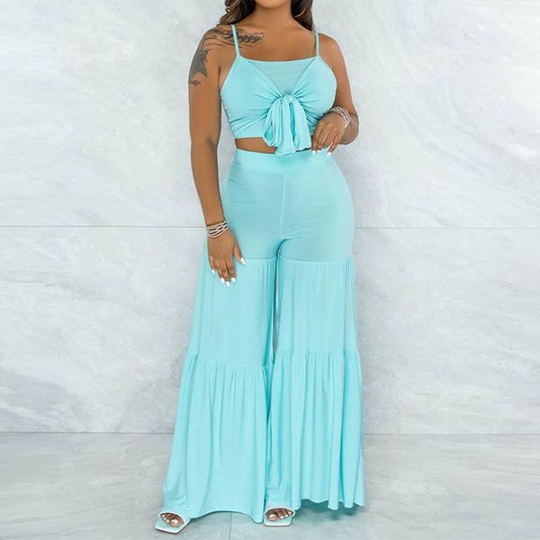 

two piece chic streetwear suits sleeveless spaghetti strap crop & loose flare pants set 210521, White