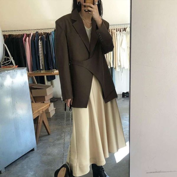 

chic lapel irregular suit coat high waist silk skirt, Black;brown
