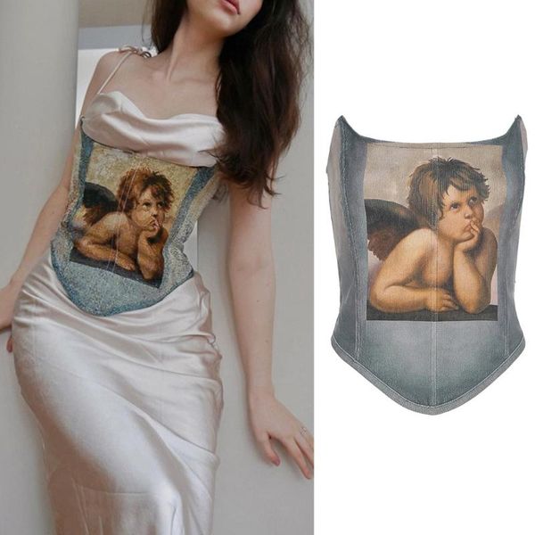 

belts women summer off shoulder corset tube strapless backless lace-up bustier camisole retro angel graphic boned hem cincher, Black;brown