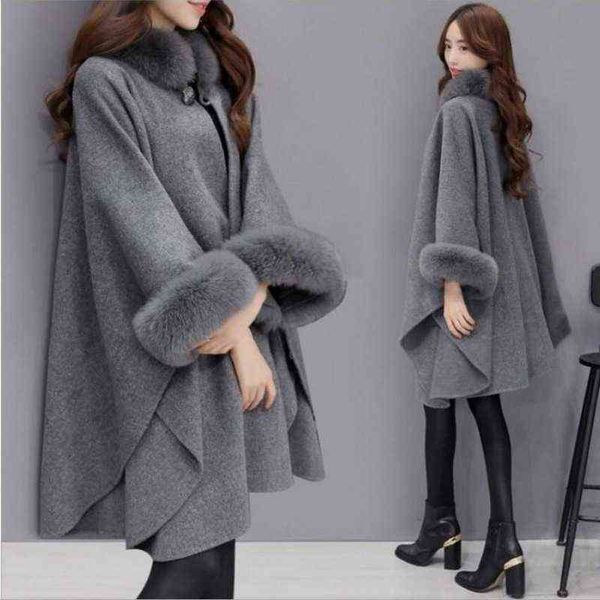 

winter coats women batwing fluffy sleeve cape jacket lady woolen overcoat cape fox fur collar warm ponchos feminino h1123, Blue;gray