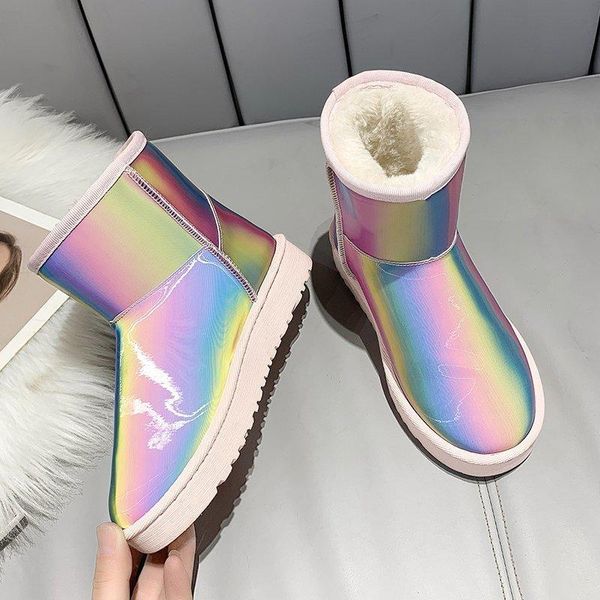 

boots 2021 winter shoes women's snow pu leather rainbow keep warm ankle female bottes femme, Black