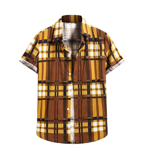 

men's fashion cotton linen print plaid short sleeve button shirt blouse men 2021 summer casual shirts, White;black