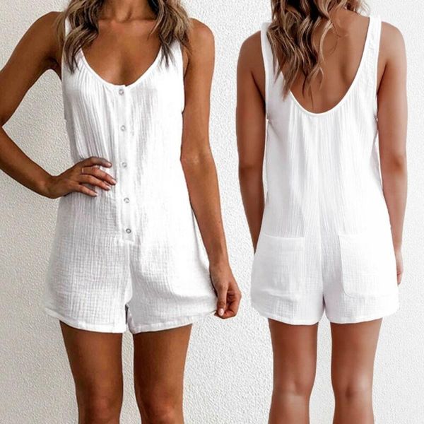 

women v neck button vest style jumpsuit rompers summer casual short playsuit women's jumpsuits &, Black;white