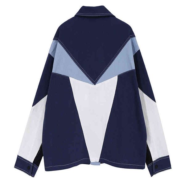 

women's jackets [eam] loose fit blue conrtast color big size denim jacket lapel long sleeve women coat fashion spring autumn 2022 1db90, Black;brown