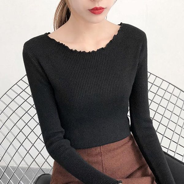 

women's sweaters 2021 arrival fashion slim fit ruffles sweater casual long sleeve knit pullover solid color bottoming shirt, White;black