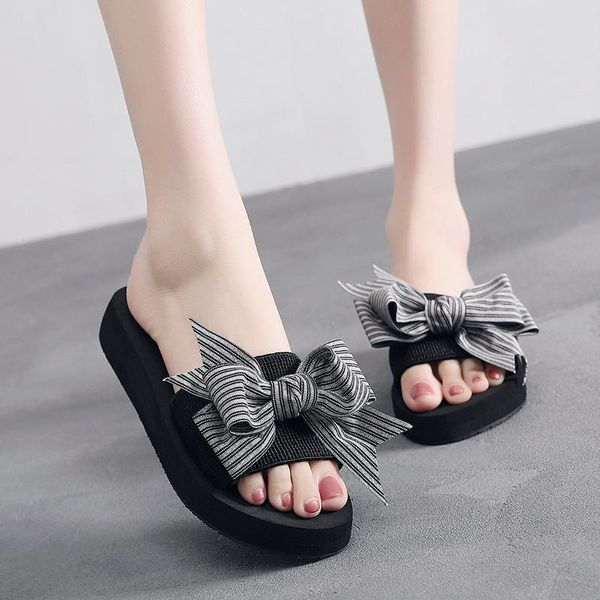 

female summer fashion handmade bow slippers women's non-slip wedge heel shoes casual breathable beach, Black