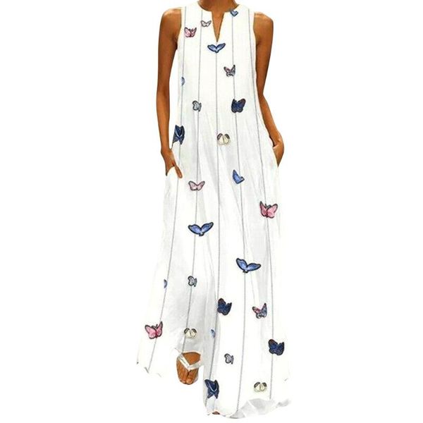

casual dresses women sleeveless polka butterfly print long summer ladies v-neck baggy dress shift boho maxi vestidos, Black;gray